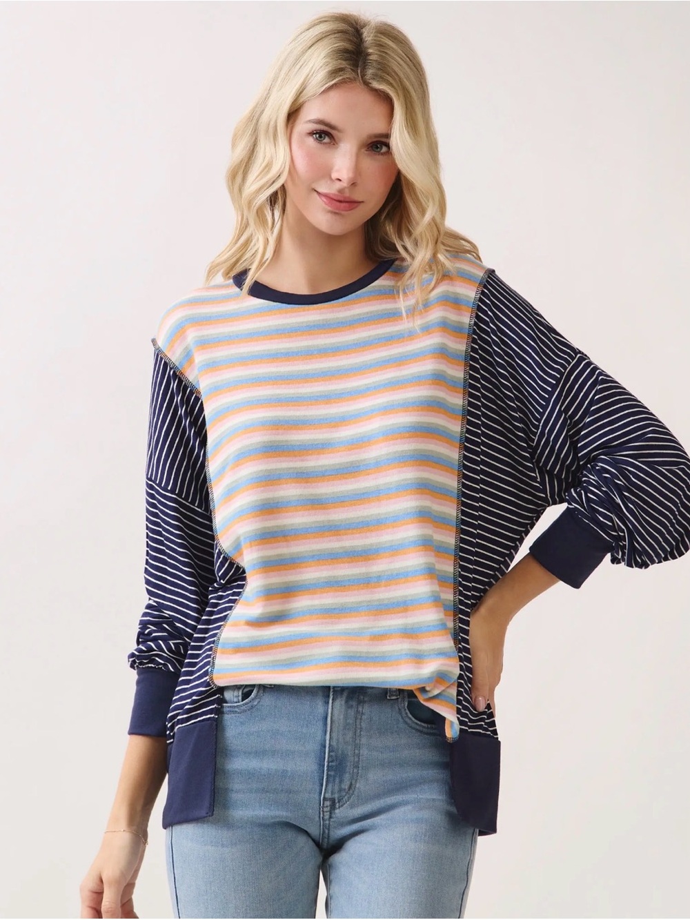 7th Ray Navy & Pastel Multicolor Striped Long Sleeve Top